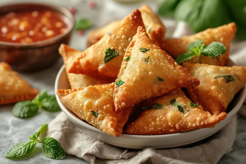 Хрустящая жареная самоса: вкусное домашнее слоеное пирожное на тарелке, наполненное вкусным мясом и овощами, подается с острым соусом чатни