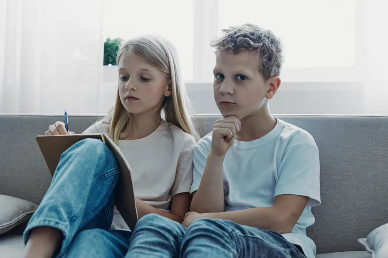 Thoughtful boy and focused girl sitting on couch indoors, girl writing on clipboard while boy looks pensive. Concept of childhood, learning, concentration, creativity, and teamwork.