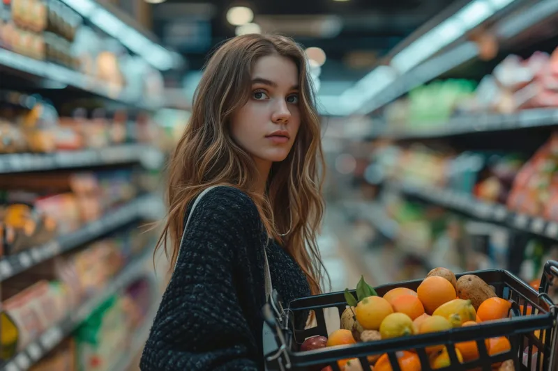 Молодая женщина держит корзину, полную свежих фруктов, в продуктовом магазине, улыбается и смотрит в камеру
