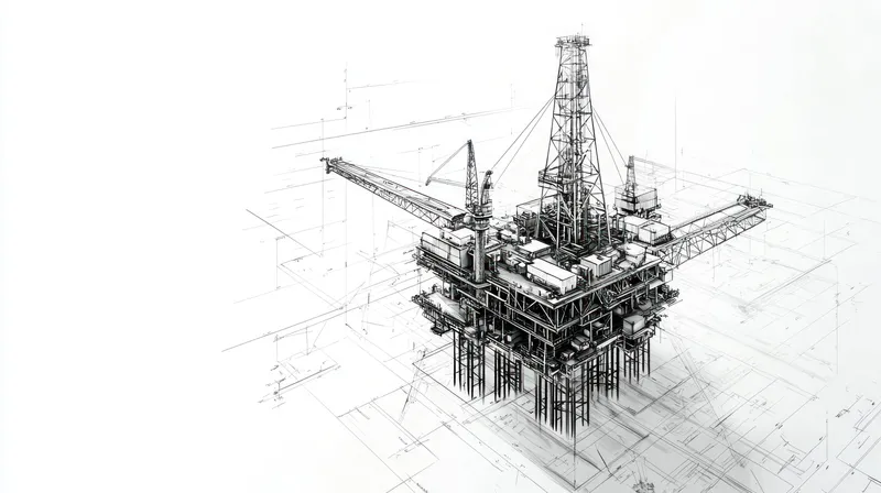 Черно-белая иллюстрация морской нефтяной платформы, подчеркивающая структуру и механизмы, участвующие в добыче нефти, идеально подходит для промышленных тем и проектов в энергетическом секторе