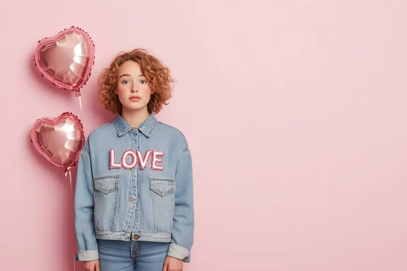 Девушка-подросток с вьющимися волосами в джинсовой куртке с надписью LOVE стоит рядом с воздушными шарами в форме сердца на фоне мягкого розового фона, выражая радость и привязанность