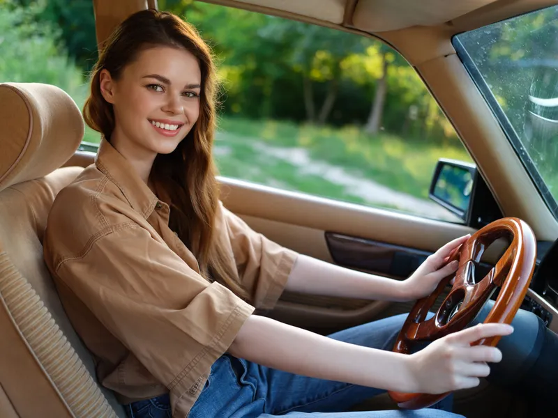 Young woman with long hair smiling while driving classic car, wearing casual beige shirt and blue jeans in sunny outdoor setting, capturing freedom and adventure.