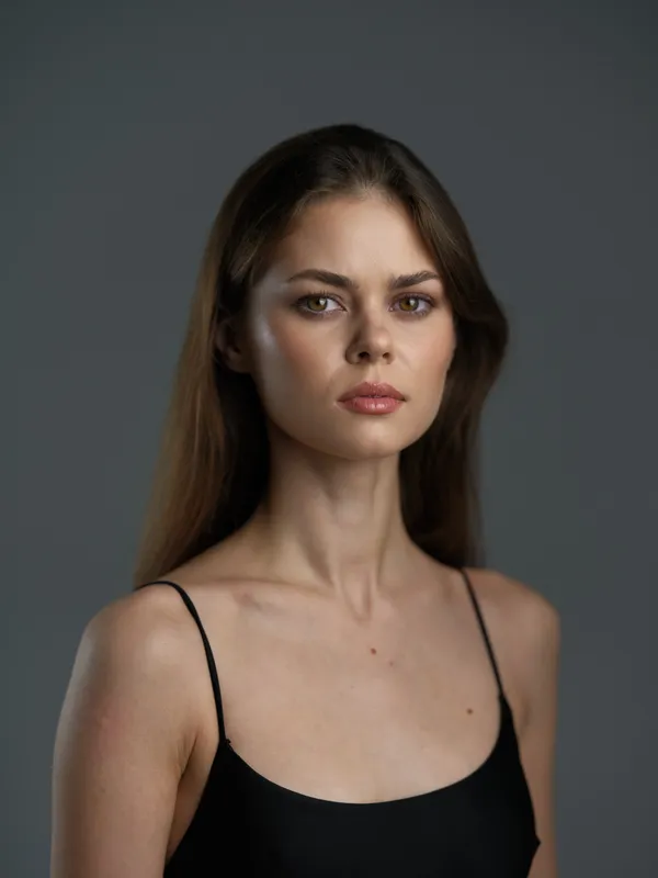 serious woman with long hair in black top posing against grey background, natural light, studio portrait