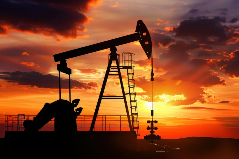 Нефтяная качалка, силуэт которой выделяется на фоне потрясающего заката, с теплыми оранжевыми и фиолетовыми тонами в небе