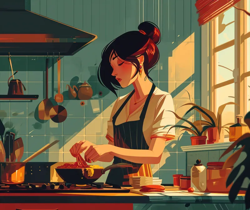 Счастливая повариха на кухне: иллюстрация в стиле мультфильма, изображающая молодую женщину-шеф-повара, домохозяйку, которая готовит вкусный овощной суп на ретро-плите