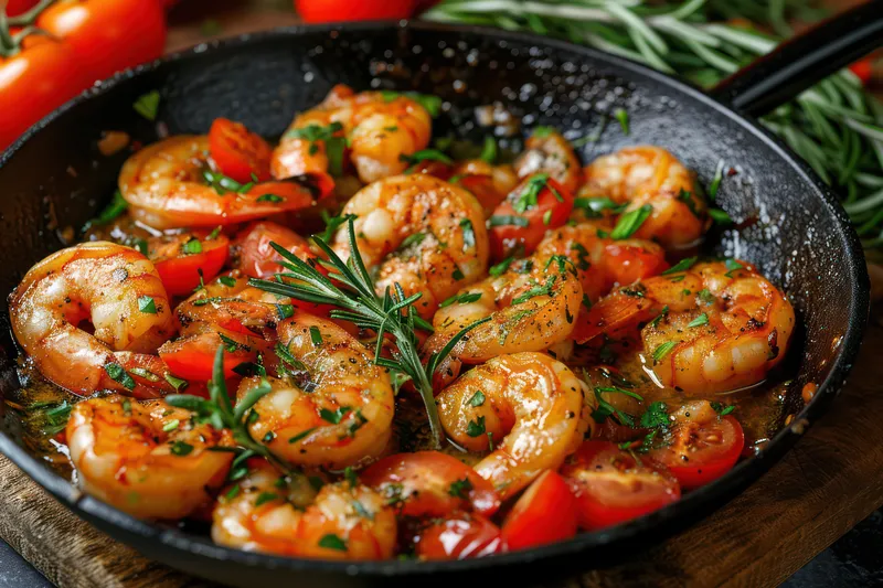Вкусный крупный план морского ассорти с креветками, чесноком и петрушкой в ароматном соусе, подаётся на белой тарелке