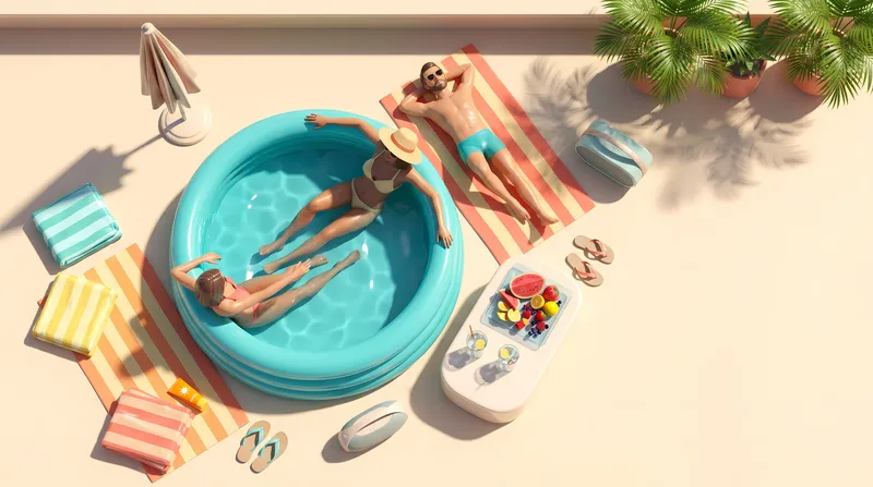 Глянцевая 3D-сцена летнего отдыха, вид сверху: два человека отдыхают у надувного бассейна на крыше, рядом полотенца, фруктовые напитки и другие детали досуга в теплую погоду для сезонных рекламных…