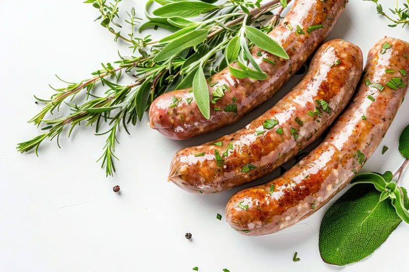 Сочные жареные сосиски, посыпанные свежей зеленью, такой как розмарин и шалфей, разложенные на чистой белой поверхности