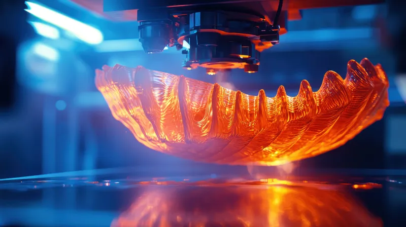 Крупный план 3D-принтера, создающего красивый полупрозрачный оранжевый предмет, подчеркивающий детали процесса печати, инновации и современные технологии в дизайне