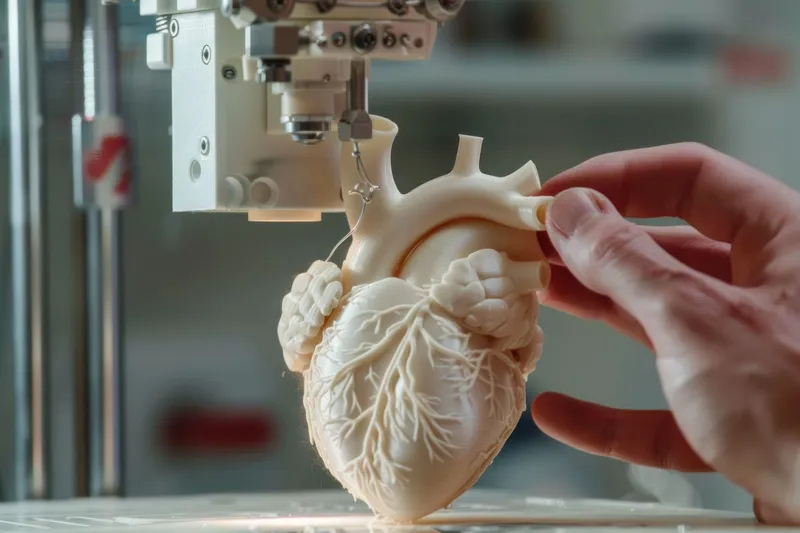 Модель человеческого сердца, напечатанная на 3D-принтере, стоит перед трёхмерным принтером, создающим медицинский прототип