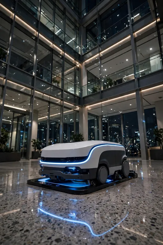 3D-рендер автономного робота-курьера в ночном стеклянном атриуме