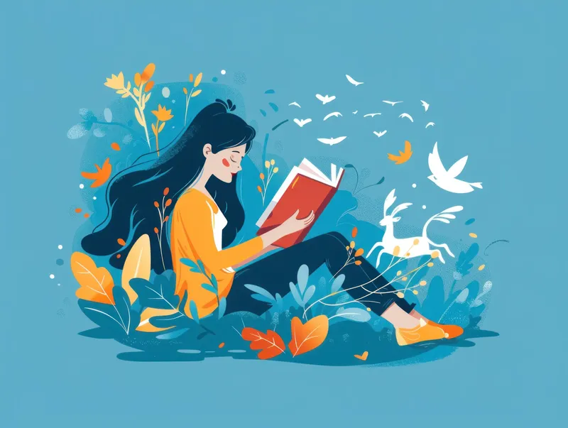 Радостная женщина, погруженная в книгу, наслаждающаяся досугом в ярком саду, полном дикой природы