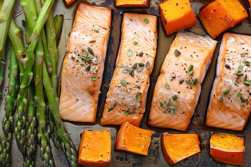 Вкусное филе лосося в паре с яркой запеченной тыквой и свежей спаржей, красиво выложенное на деревенском противне