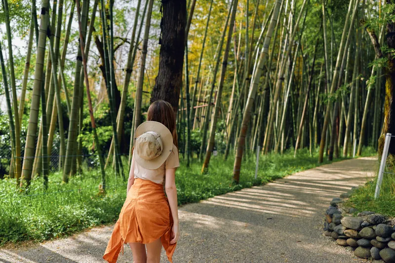 Woman walking along a gravel path through a dense bamboo forest, wearing a straw hat and orange dress, back view, summer scenery, peaceful nature trail and casual travel moment.