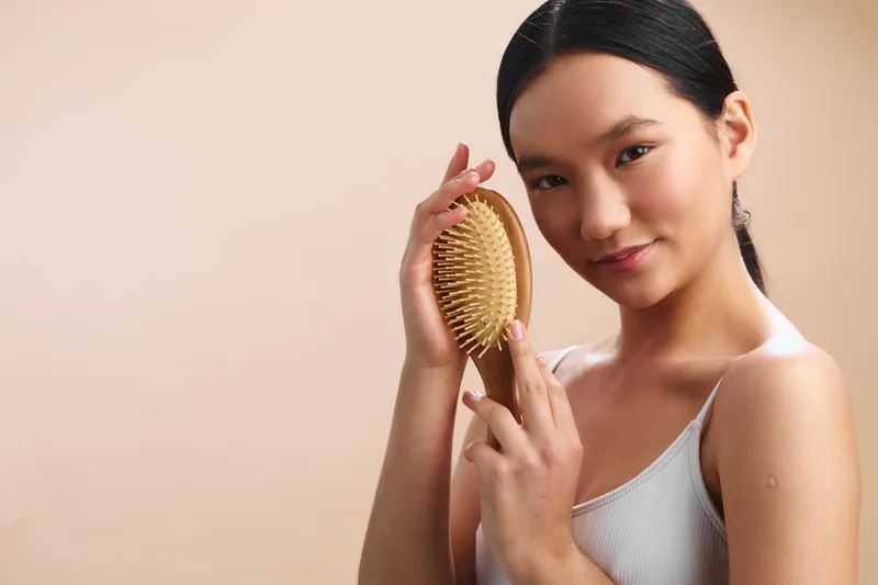 asian woman is seen brushing hair with a wooden brush in a softly lit bathroom. She wears a light tank and smiles gently, creating a calm, selfcare moment and relaxed wellness vibe.