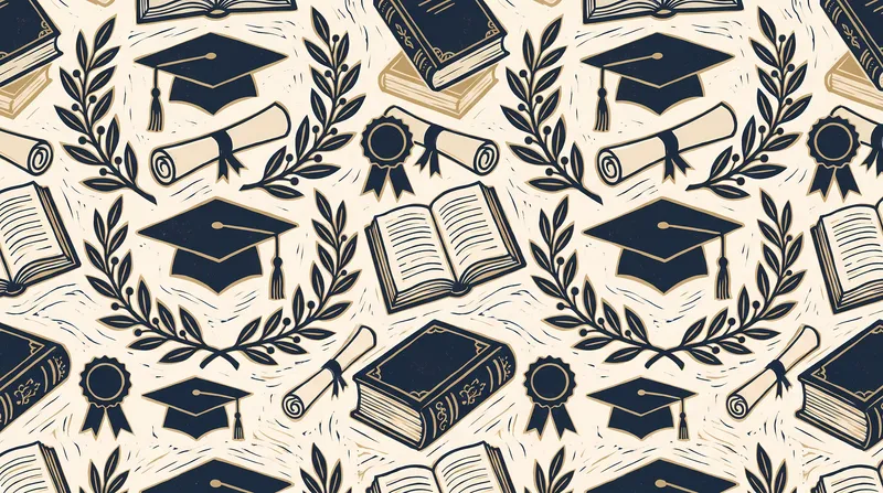 Узор в стиле ручной резьбы на тему выпускного: шапочки, дипломы, книги и лавровые мотивы, повторяющиеся в праздничном поле