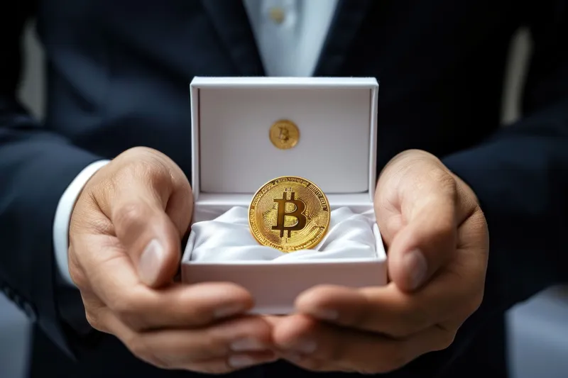 Мужчина в костюме держит в руках золотой биткоин в белой коробке