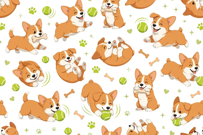 Иллюстрация с весёлыми корги, играющими с мячами и косточками