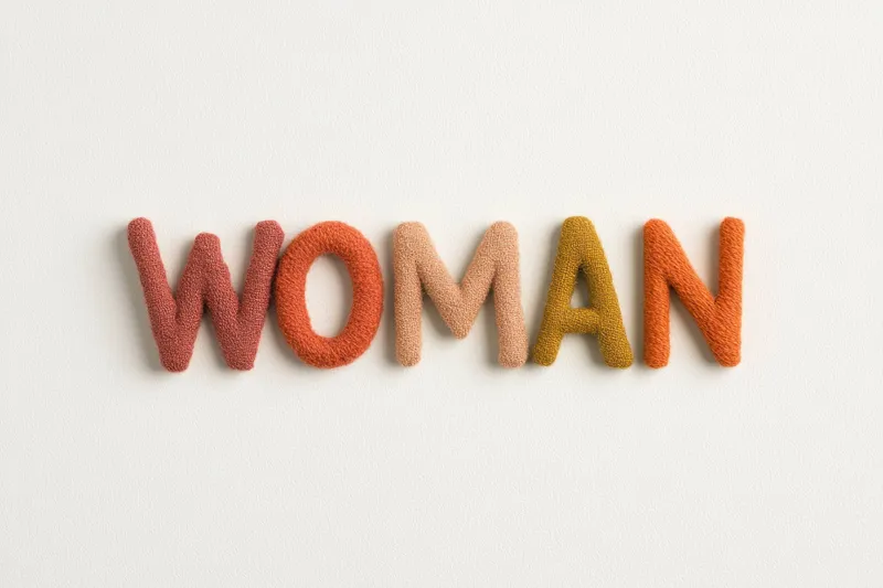 Яркие текстильные буквы образуют слово WOMAN, демонстрируя современный дизайнерский стиль