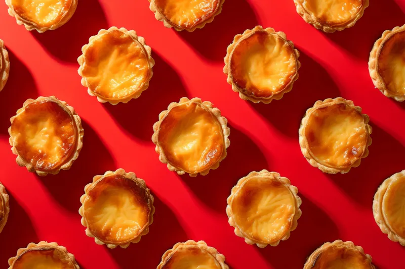 Вкусные сырные тарталетки на красном фоне с текстом «Cheese Tart Tasty Dessert»