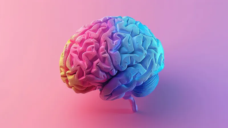 Яркий радужный мозг со словом «mind» на розово-голубом фоне