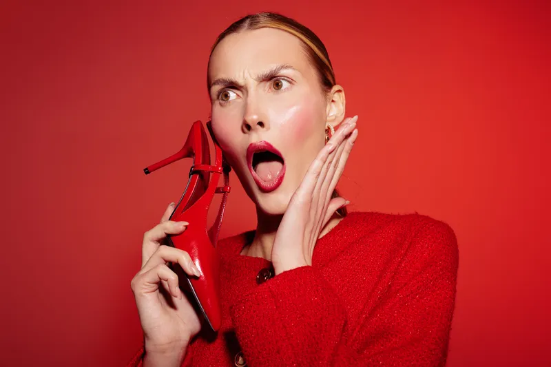 Surprised woman in red sweater holds red high heel shoe near face, mouth open in shock. Bright red background creates bold, dramatic fashion concept with expressive emotion.