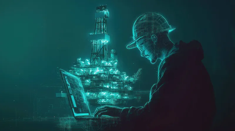 Инженер-мужчина сосредоточенно работает за ноутбуком, а за ним видна высокотехнологичная цифровая нефтяная вышка, иллюстрирующая пересечение технологий и энергетической промышленности