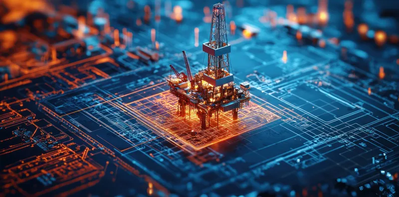 Футуристическое изображение нефтяной платформы, интегрированной с передовыми схемами микросхем, демонстрирующее пересечение технологий и энергетики