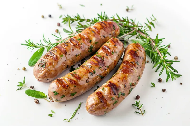 Вкусно обжаренные колбаски с золотисто-коричневой корочкой в окружении свежей зелени и специй