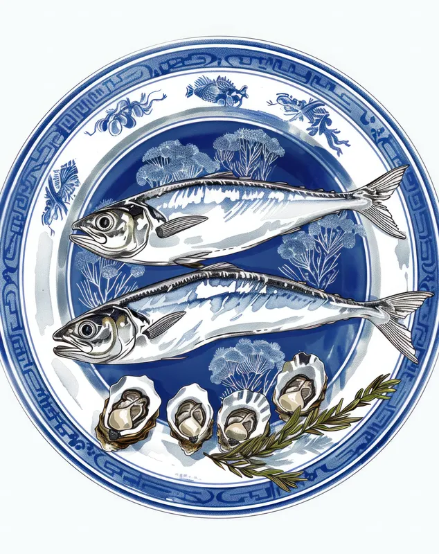 Красиво оформленное блюдо из морепродуктов с двумя целыми рыбами и устрицами, дополненное свежей зеленью на яркой синей декоративной тарелке