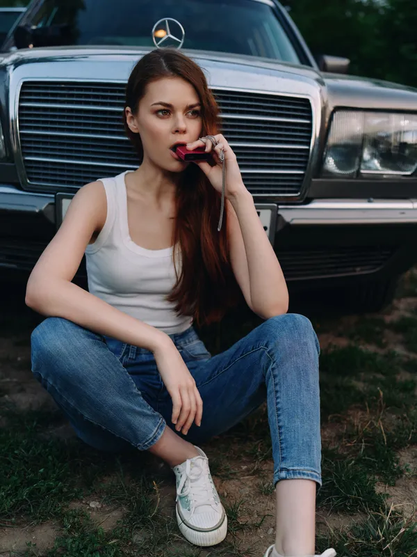 Young woman sitting in front of a classic car, wearing casual clothing, expressing confidence, vibrant colors, summer vibes, modern lifestyle, relaxed atmosphere.