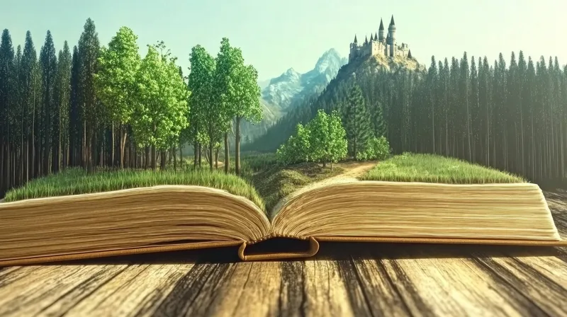 Воображаемая сцена: фантастический пейзаж оживает из открытой книги, демонстрируя яркую зелень, замок и возвышающиеся горы