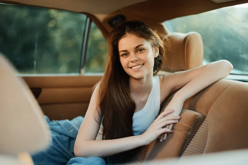 Young woman smiling in a car, wearing a casual outfit with long hair, showcasing a relaxed and happy emotion in a natural setting.