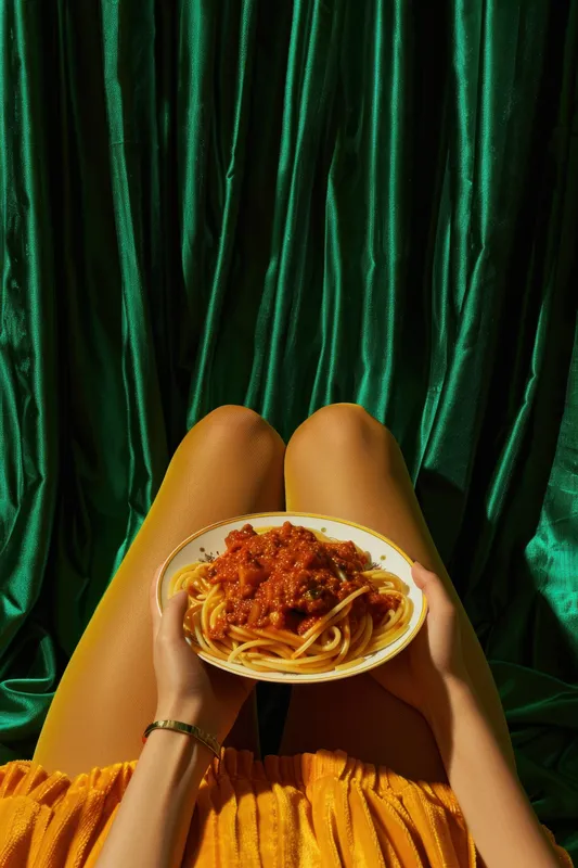 Человек держит тарелку со спагетти перед зелёным занавесом