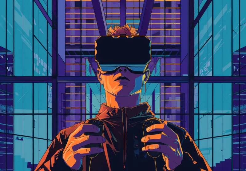 Мужчина в очках виртуальной реальности держит контроллеры на фоне смелого и красочного архитектурного фона