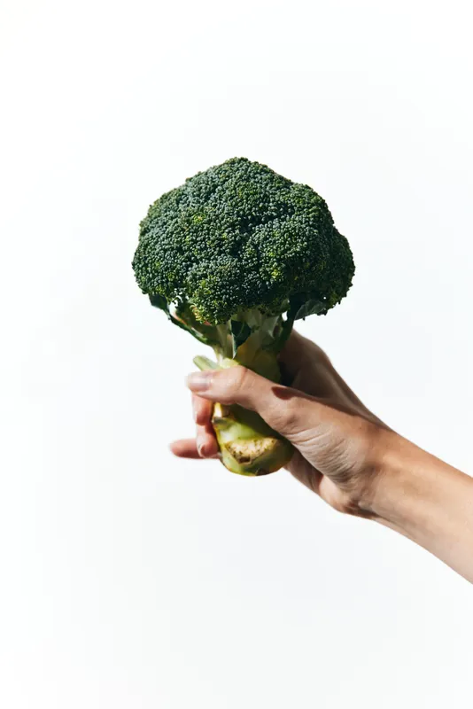 Концепция здоровья: рука держит брокколи, на которой написано слово «healthy», изолированная на белом фоне