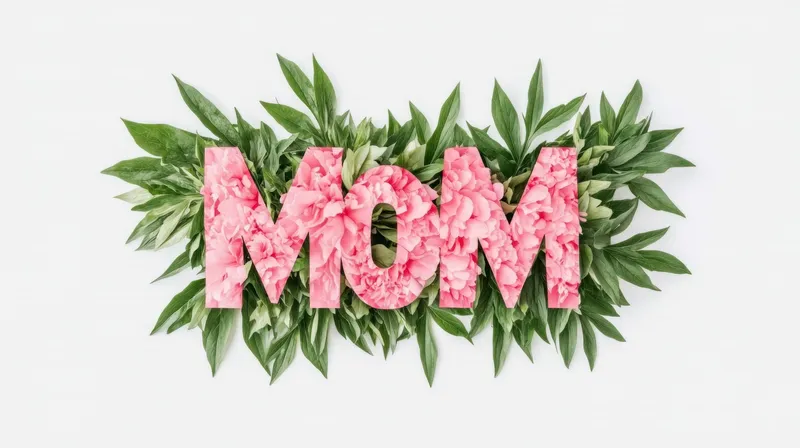 Красивый флористический типографический дизайн слова MOM с розовыми пионами и пышной зеленью, идеально подходит для открыток ко Дню матери, украшений и подарков