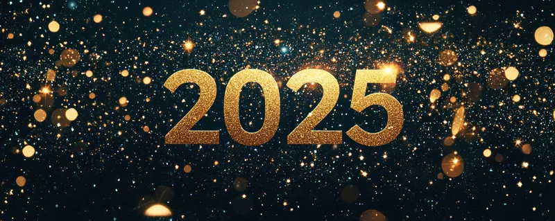 Жирные цифры 2025 переливающегося золотого цвета на темном фоне, наполненном сияющими частицами и искристыми эффектами, олицетворяют праздник и процветание