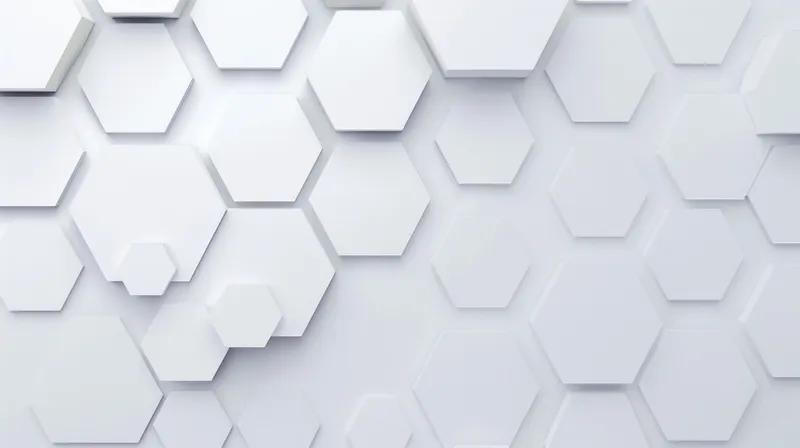 Бесшовная композиция из белых шестиугольников разных размеров на мягком сером фоне, символизирующая структуру и связь в минималистичном стиле