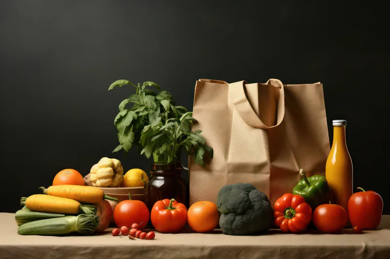 Свежий и полезный продуктовый пакет: красочный ассортимент органических овощей, фруктов и веганских ингредиентов на бумажной упаковке, вид сверху