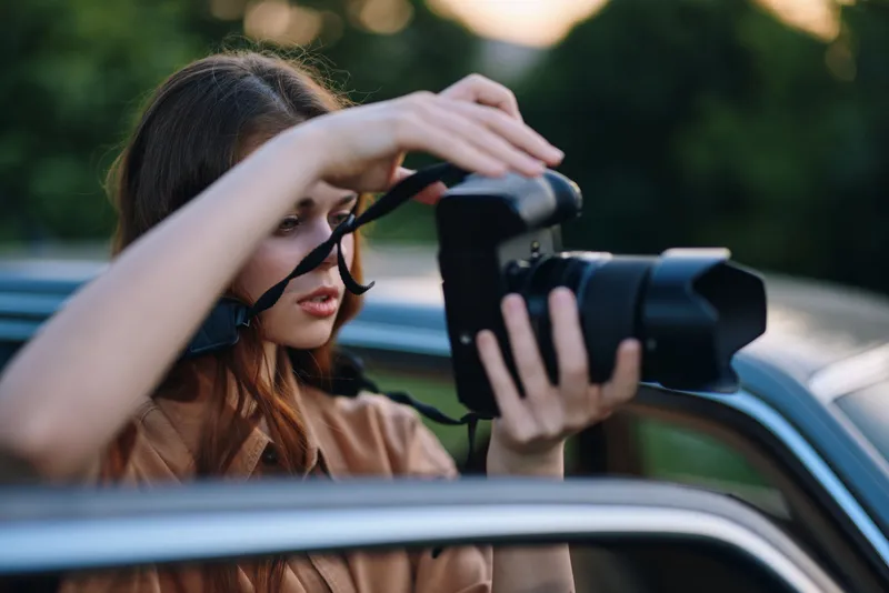 Young female photographer capturing moments outdoors at sunset, showcasing her passion for photography in a natural setting with a camera.