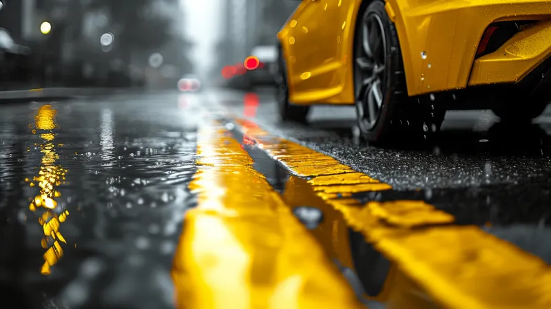 Желтый автомобиль едет по мокрой дороге с желтой разметкой в дождливую погоду