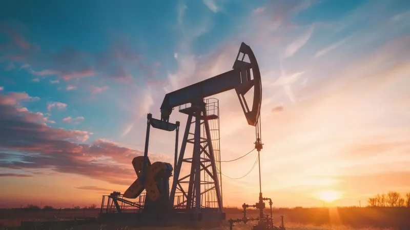 Нефтяная качалка стоит, отчетливо выделяясь силуэтом на фоне захватывающего заката, демонстрируя сочетание индустриальных и природных элементов