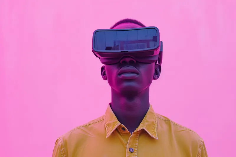Молодой африканец погружён в опыт виртуальной реальности с VR-очками на розовом фоне