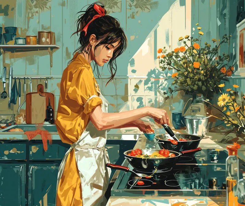 Счастливая женщина-повар готовит вкусную домашнюю сладкую выпечку в уютной кухне