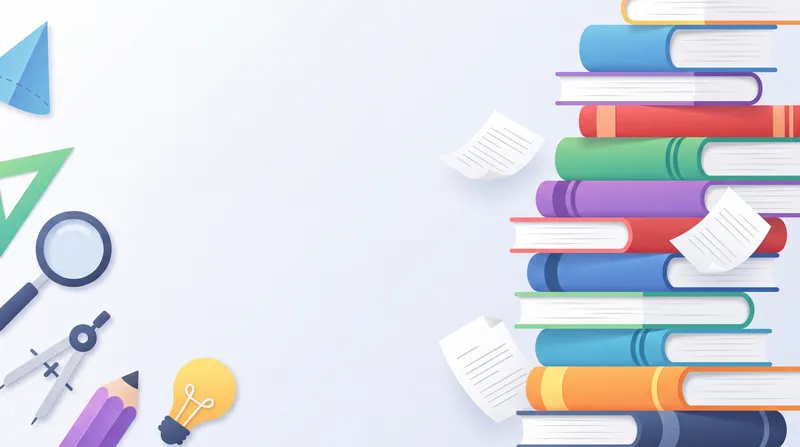 Высокая стопка книг с парящими страницами расположена в правой части яркой современной иллюстрации, оставляя достаточно места для текста