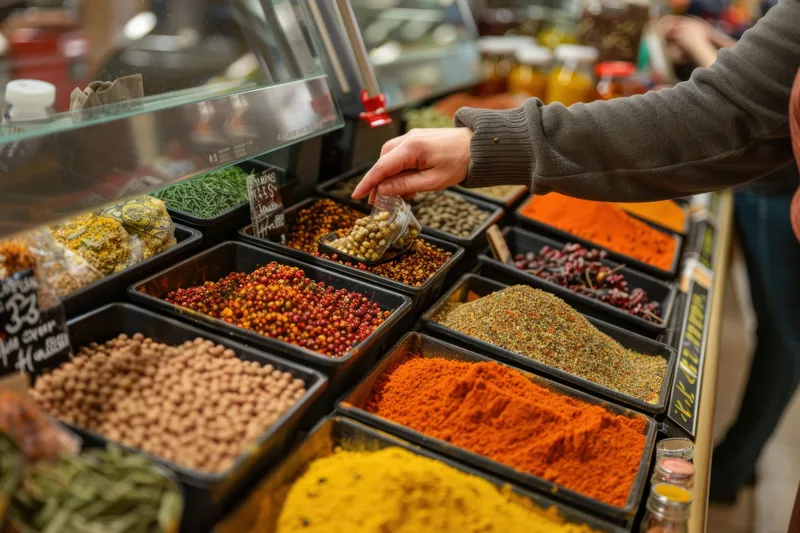 Женщина выбирает различные специи с полки в продуктовом магазине