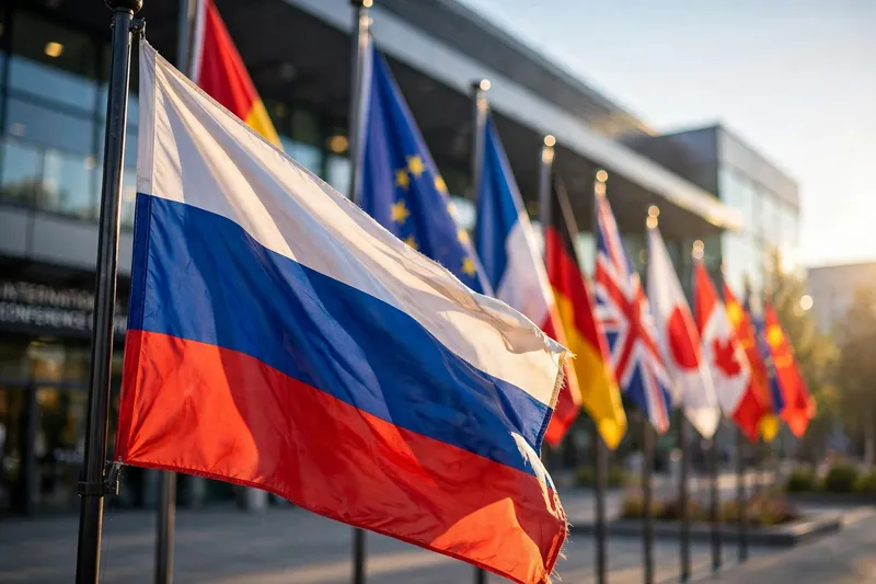 Российский флаг на фоне флагов других стран у здания