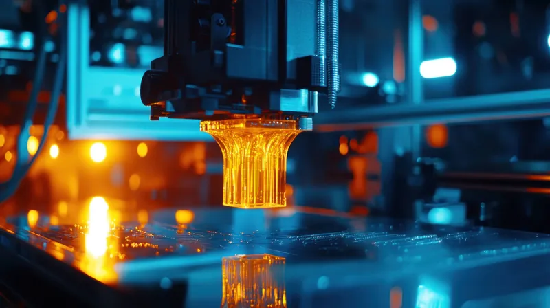 Крупный план 3D-принтера в действии, создающего детализированные фигуры из желто-оранжевого филамента на отражающей поверхности