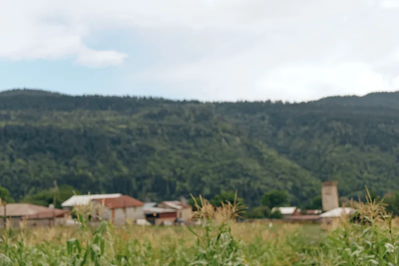 Rural landscape featuring a small village tucked into rolling green hills, with fields in the foreground and scattered houses under a clear blue sky, creating a peaceful countryside scene